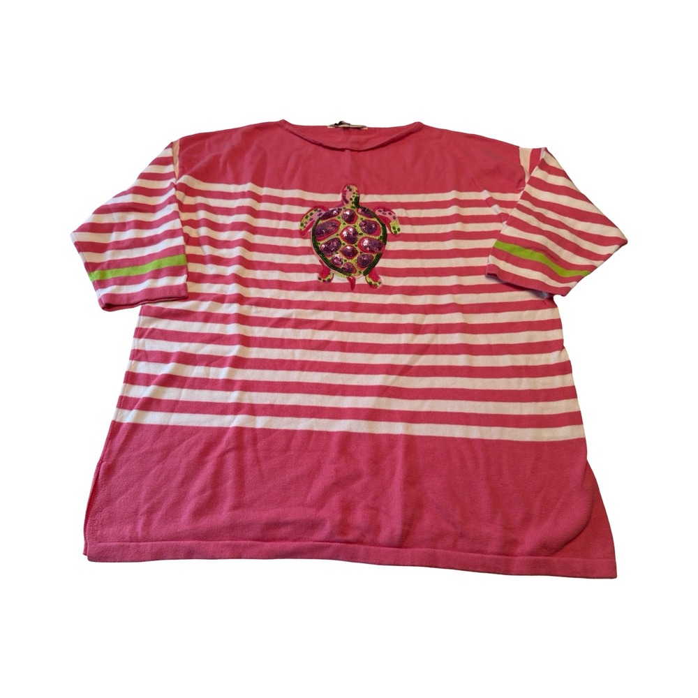 Heritage Charms Pink Striped Sequin Sea Turtle Cotton Knit Sweater XL Coastal